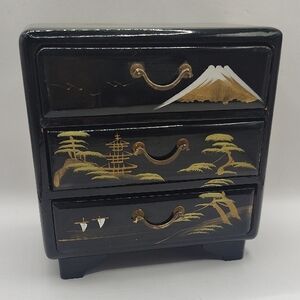 Vintage Japanese Miniature Black Lacquer Jewelry Chest Brass Handles / Pink